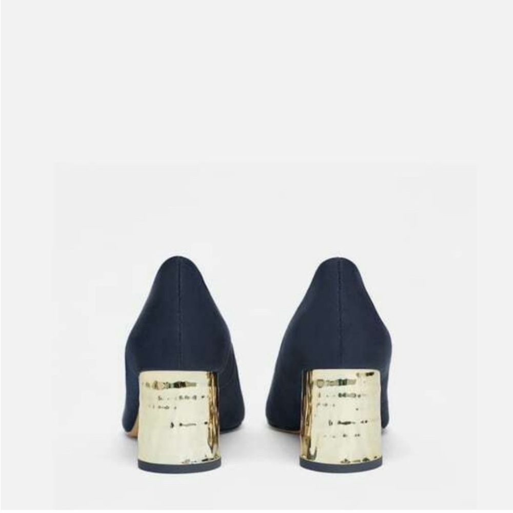 ZARA LAMINATED PUMPS SHOES Block Heel Navy Blue/Gold Heel - Picture 2 of 9